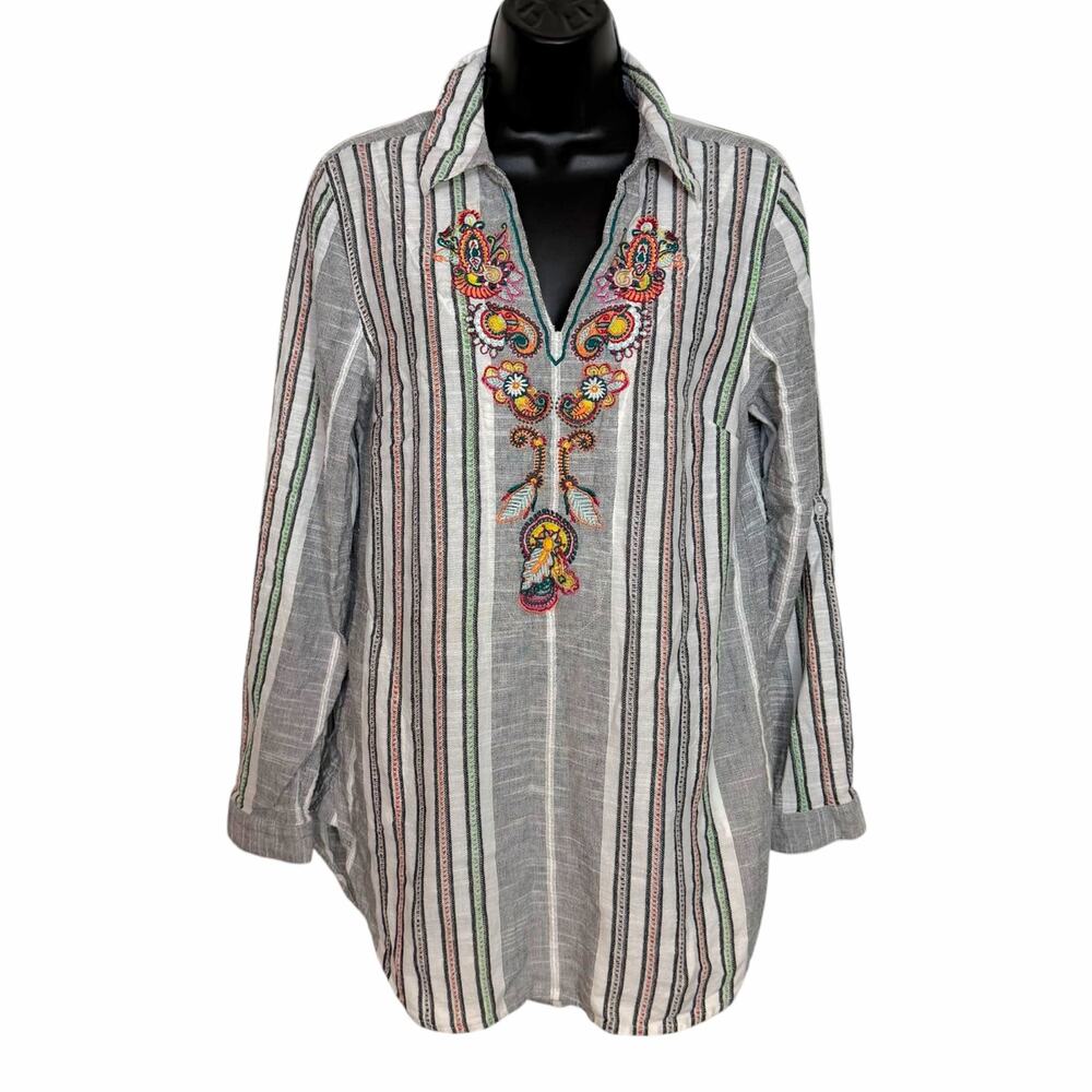 Soft Surroundings Aruba Tunic S Grey Stripe Embroidery Boho Roll Sleeve Top